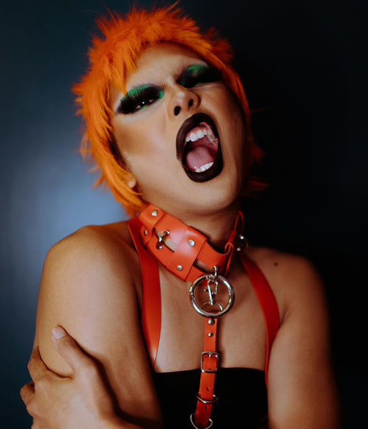 sale una chica con el pelo naranja y unos collares y arneses del mismo color, para la introducción al BDSM para principiantes