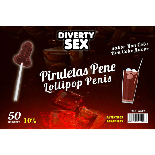 50 Piruletas Forma Pene Sabor Ron Cola 10 Alcohol